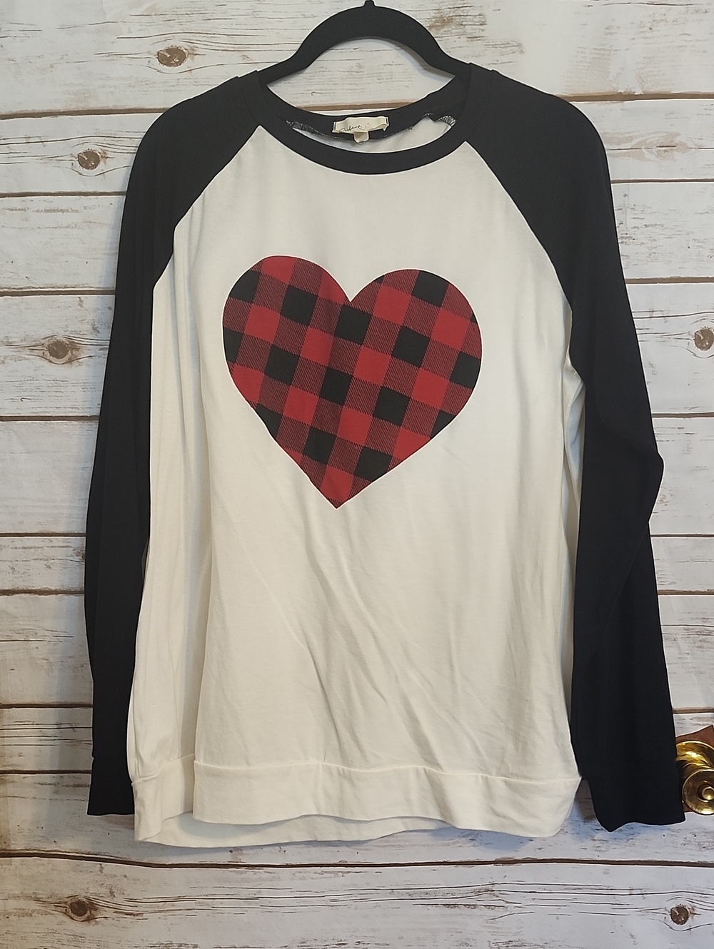 Black & White Raglan Top with Red Buffalo Plaid Heart -New